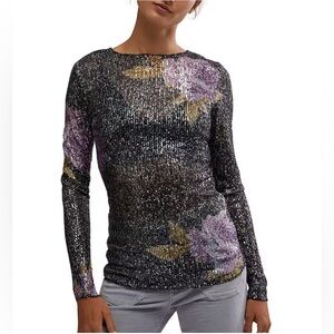 NWT‎ Free People Gold Rush Sequin Floral Top Sz S in Amethyst Combo Y2K Romantic